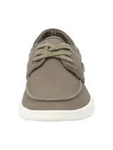 Zapatillas de lona para hombre estilo náutico, color verde militar, con cordones y suela blanca de goma.