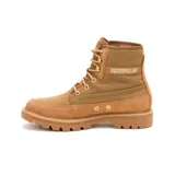 Bota de caña media Caterpillar modelo Colorado, confeccionada en una combinación de gamuza y canvas color marrón. Presenta cierre con cordones, ojales metálicos dorados, suela de goma dentada y logo de la marca en el lateral.