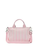 Mini bolso bandolera Victoria's Secret con diseño de rayas verticales en tonos rosados, asas cortas de mano y correa ajustable y extraíble.