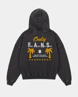 Hoodie de felpa suave color negro con efecto acid wash y corte oversize, con capucha y estampa gráfica en la espalda con diseño de palmeras y texto.