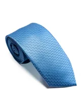 Corbata de seda azul marino con estampado paisley en tonos rosados y blancos.
