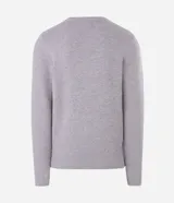 Suéter de punto para hombre, color celeste, con textura acanalada horizontal, cuello redondo y mangas largas con puños ajustados.