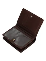 Billetera de tres cuerpos con diseño patchwork que combina cuero natural, cuero con pelo y jacquard de algodón. Incluye múltiples compartimentos para tarjetas, billetes, monedas y ventana plástica, con tecnología RFID para protección de datos.