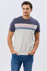 Remera de algodón con diseño de bloques de color y franjas horizontales en tonos azul, gris, beige y celeste, de corte clásico y mangas cortas.