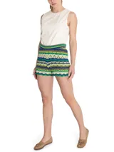 Short tiro alto tejido de punto con diseño de rayas en zigzag multicolor, confeccionado en mezcla de algodón orgánico, acrílico y lino orgánico.