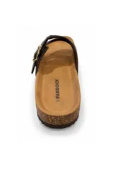 Sandalia Paddock modelo Alure, color beige con tira cruzada y hebilla dorada ajustable, suela de corcho y base de goma negra.