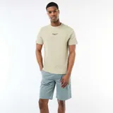 Camiseta de piqué de algodón de manga corta en color beige, con cuello redondo y pequeño estampado tipográfico en el pecho.