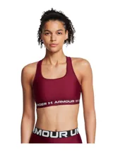Top deportivo de soporte medio Under Armour, color bordó, con diseño de espalda cruzada y banda elástica inferior con logo de la marca. Confeccionado en tejido HeatGear de doble capa, con copas extraíbles y perforaciones para mayor transpirabilidad.