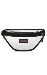 Riñonera transparente con ribetes negros y logo de JanSport en el frente. Tiene un compartimento principal con cierre y correa ajustable con hebilla.
