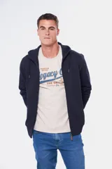 Canguro azul con capucha y cierre frontal, con bolsillos laterales.