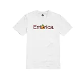 Remera blanca de algodón con estampado frontal del logo de Emerica y una naranja.