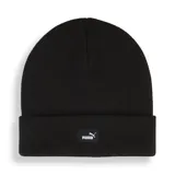 Gorro tipo beanie de punto color negro con vuelta y parche rectangular con logo de la marca en el frente.