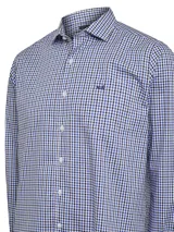 Camisa de manga larga de algodón y lana, modelo Wool de RKF, con diseño a cuadros en tonos azul marino, blanco y negro. Cuenta con cuello italiano, cierre frontal con botones y un bolsillo en el pecho con el logo bordado.