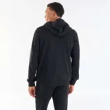 Campera con capucha y cierre frontal de felpa, color negro, con bolsillos tipo canguro y puños y cintura elastizados de rib.