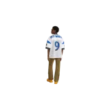 Remera de malla Off-White de color blanco, inspirada en camisetas de fútbol americano, con el número 9 en el frente en azul y bordes negros y dorados. Cuenta con cuello en V negro, detalles en azul y parches estampados en las mangas.