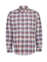 Camisa de manga larga para hombre, con estampado de tartán en tonos blanco, rojo y azul marino. Presenta cuello clásico, cierre frontal abotonado y un bolsillo en el pecho con el logo de la marca bordado.