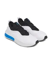Championes de running Under Armour modelo Phantom 4, con diseño híbrido de alto rendimiento y estilo urbano. Presentan una estructura de punto con cuello tipo calcetín para un ajuste cómodo, contrafuerte de TPU en el talón y amortiguación UA HOVR+ para mayor retorno de energía. Combinan colores blanco, negro y detalles en azul vibrante en la entresuela.