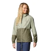 Campera cortavientos Columbia de mujer, en tonos verde claro y verde militar. Cuenta con capucha ajustable, cierre frontal completo, bolsillos con cremallera y puños elásticos.
