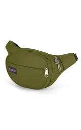 Riñonera negra de la marca JanSport, modelo Fifth Avenue, con parche frontal de la marca y cierres metálicos.