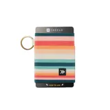 Billetera elástica con diseño a rayas horizontales en tonos rosa, naranja, blanco, verde y azul.