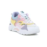 Championes urbanos con plataforma, acordonados, color blanco con detalles en rosa, celeste, amarillo y lila.