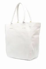 Bolso tote blanco de algodón con doble asa y logo estampado en color lila.