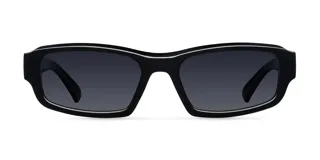 Lentes de sol rectangulares negros con marco grueso y detalle de línea blanca en el borde superior.