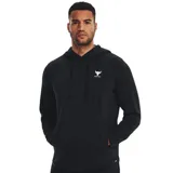 Buzo Under Armour de hombre, color negro, con capucha y cordones ajustables. Presenta el logo de Project Rock en el pecho y la inscripción "Project Rock" en la manga izquierda.