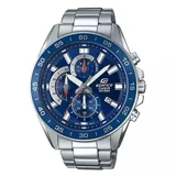 Reloj Casio Edifice con caja y pulsera de acero inoxidable plateado. Presenta una esfera azul con tres subesferas de cronógrafo y bisel azul con marcadores de minutos. Posee manecillas e indicadores plateados y detalles en rojo.