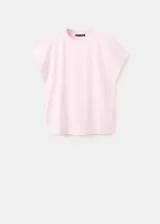 Camiseta de algodón color rosado, con diseño recto, cuello redondo y manga corta.