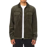 Campera de pana color verde oliva, con cierre frontal, cuello clásico y dos bolsillos de parche con solapa en el pecho.