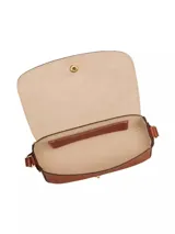 Cartera crossbody pequeña de cuero color marrón, de diseño estructurado con solapa frontal, botón a presión dorado y correa fina ajustable.