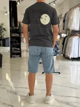 Remera gris melange de manga corta y corte clásico, con estampa en la espalda que dice "Wildest in the club" junto a un gráfico de un disco compacto.