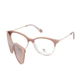 Lentes clip-on de diseño cat-eye con armazón en tono rosa y parte inferior transparente, patillas metálicas finas y clip solar desmontable con cristales rosa suave.