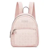 Mochila Guess modelo Nessa, color rosa con estampado de monograma de la marca. Presenta un bolsillo frontal con cierre, correas ajustables con logo estampado y herrajes plateados.