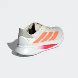 Championes de running Adidas Duramo SL 2, color blanco con detalles en naranja y rosa neón. Presentan una parte superior de malla técnica transpirable, cierre de cordones y mediasuela LIGHTMOTION para mayor amortiguación y estabilidad.