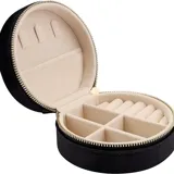 Alhajero circular negro con cierre de cremallera y forro interior de terciopelo beige. Cuenta con compartimentos para anillos y otros accesorios.
