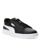 Championes urbanos Puma Smash 3.0 Leather para mujer, con capellada de cuero sintético color negro y detalles en blanco como la franja lateral y la suela de goma. Presentan un diseño de perfil bajo con ajuste de cordones.