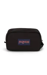 Neceser JanSport Dopp Kit negro con logo estampado en azul y rojo.