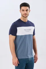 Remera de manga corta con diseño de bloques de color en tonos gris, blanco y azul marino. Cuenta con cuello redondo y una estampa tipográfica en el centro del pecho.