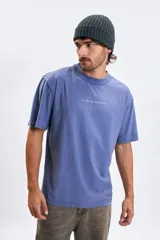 Remera de manga corta con corte oversize, color azul piedra, con cuello redondo y estampa minimalista en el pecho con el texto 'The Rocky Mountains'.
