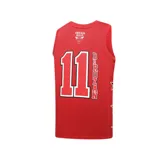 Musculosa de básquet roja con cuello y sisas en negro. Estampado frontal con el logo de los Chicago Bulls y la palabra "Chicago" en blanco.