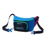 Riñonera de diseño colorido en tonos azul, fucsia y marino, con compartimento principal y bolsillo frontal con cierre. Cuenta con un parche bordado de Columbia y Mickey's Outdoor Club en el frente, cinturón ajustable y hebilla de plástico azul.