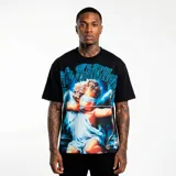 Camiseta negra de corte oversize con estampado frontal gráfico de un cupido vendado con arco y flecha, acompañado por la inscripción 'Life Hustlers' en tipografía estilizada.