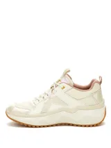 Championes Cat modelo Hasten Mesh para mujer, en color blanco con detalles en tonos tostados y rosados. Presentan capellada de malla y microfibra, suela gruesa de goma dentada y cordones frontales.