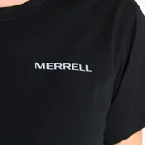 Remera deportiva negra de manga corta con logo de la marca Merrell estampado en el pecho.