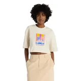 Remera de corte crop y ajuste holgado, color beige, con estampado frontal gráfico de zapatillas y logo de la marca en colores vibrantes.