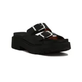 Sandalia Vizzano de mujer con plataforma y suela flatform negra estilo chunky, capellada de tiras dobles en color blanco con hebillas metálicas plateadas ajustables.