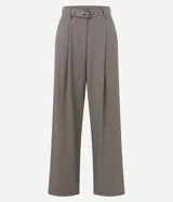 Pantalón de sastrería corte wide leg color marrón, con estampado pied de poule, cintura alta con trabillas y cinturón a juego con hebilla.