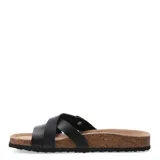 Sandalias de dos tiras ajustables con hebillas metálicas negras. Presentan una plantilla anatómica de corcho y suela de goma antideslizante.